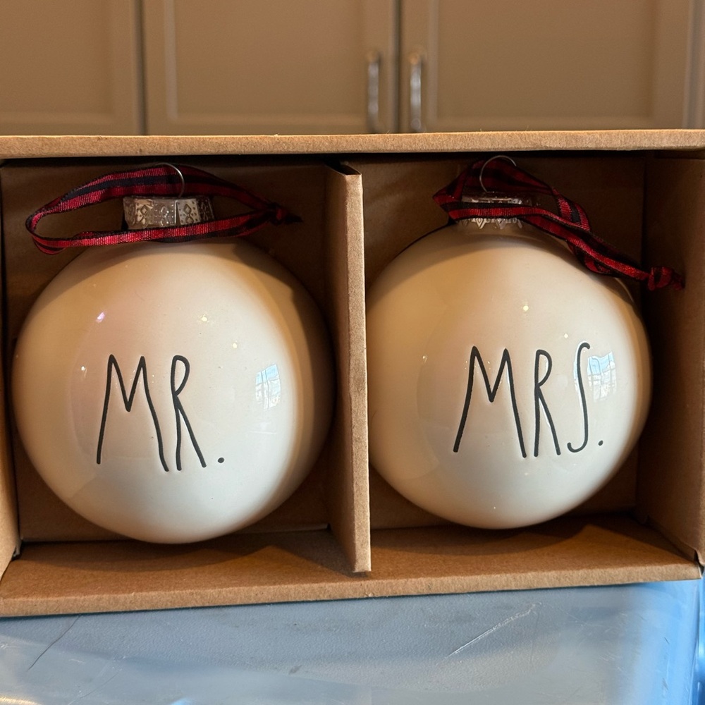 Rae Dunn Cream Mr. and Mrs. Ornaments